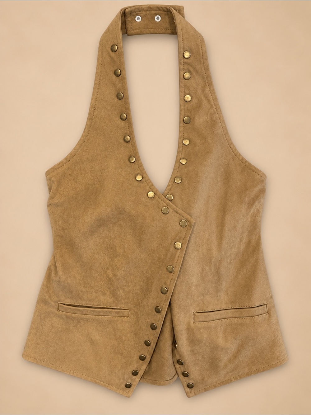 12th Tribe Camel Faux Suede Studded Halter Vest Top Size S NWT